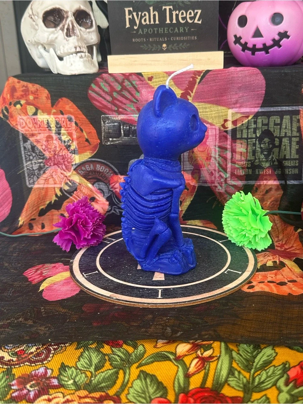 Handmade Blue Skeleton Cat Candle – Gothic Cat Figurine Candle